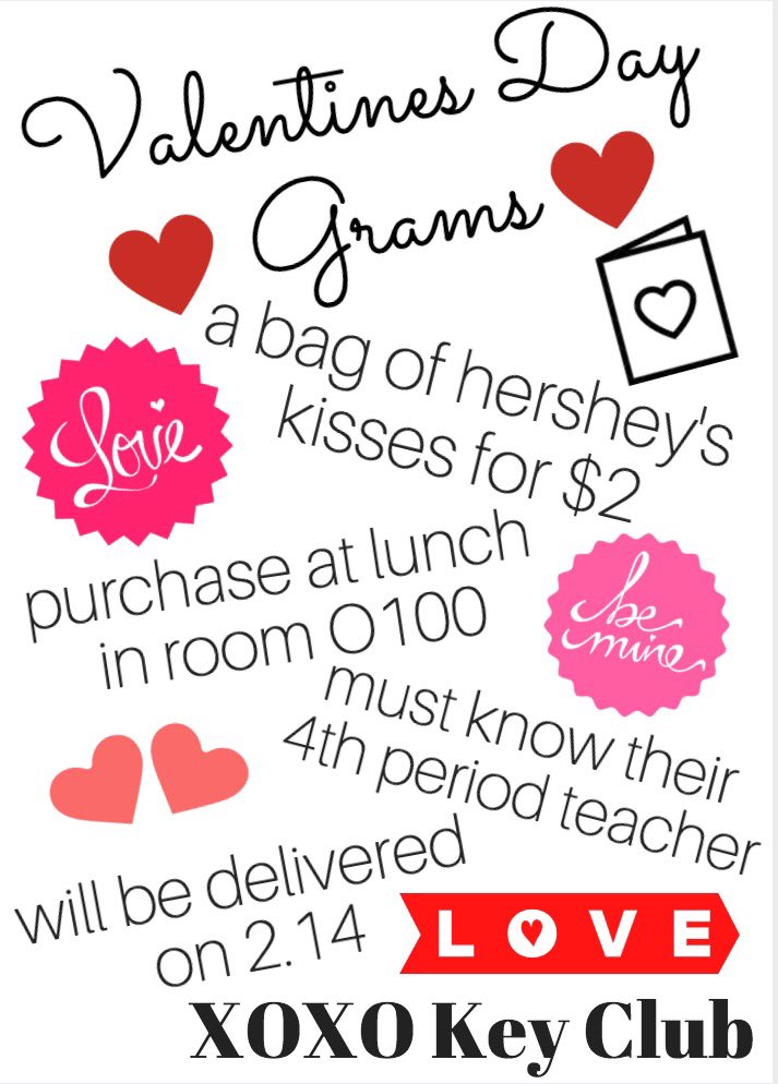 KeyClubLS's tweet image. Come by O100 to buy a Valentines Day candy gram for that special someone! Last day to buy will be on Friday!!💓