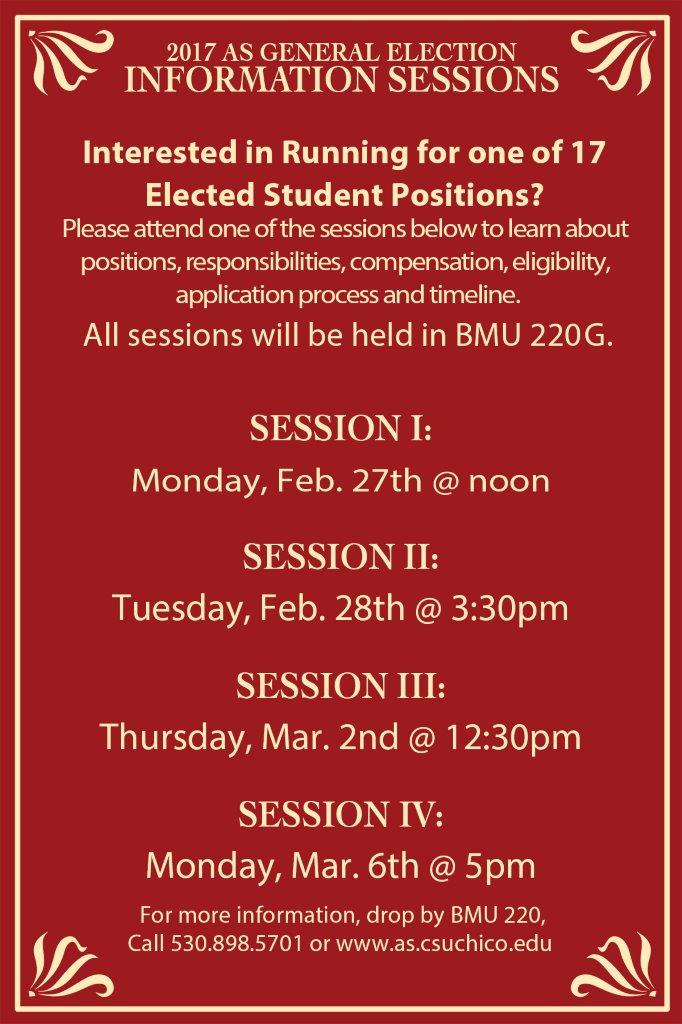 ASgovChico's tweet photo. Interested in running for a student election position? Visit one of these info sessions coming soon! #ASelections #GetInvolved #ChicoState https://t.co/uDzwkwhMxi