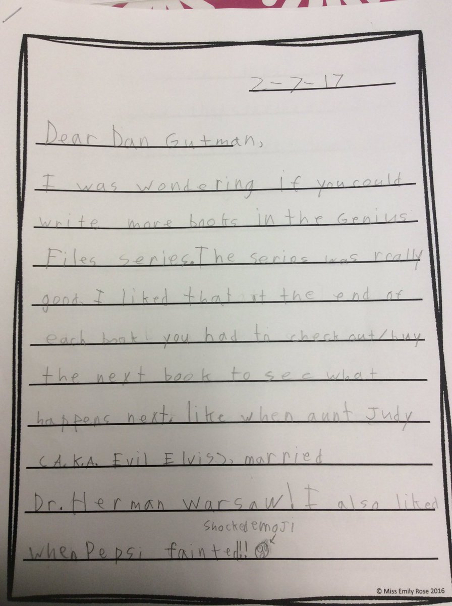MrsHeyroth's tweet photo. Attention author Mr. Gutman @DanGutmanBooks @DanGutman a letter from a 2nd Grader please write back!  @WRapidsOz https://t.co/ldRl4KdQFF