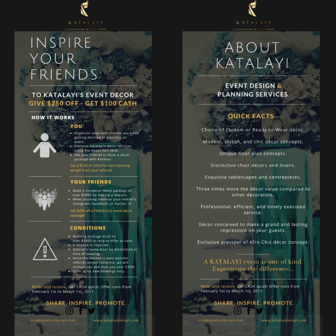 KatalayiDesign's tweet photo. Get your friends to #book a #Katalayi #event #décor #package based on your #referral and get $100 #CASH. Limited time offer. https://t.co/BPlNCd3a63