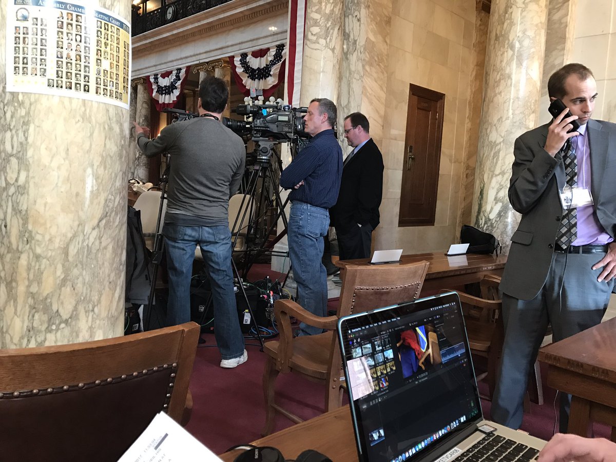 JuliaFello's tweet photo. Setting up for #GovScottWalker's Budget Address, it starts in 30 minutes. Watch live stream at https://t.co/IB6w6BXFO8 @tmj4 https://t.co/Vv2LcZ06KL