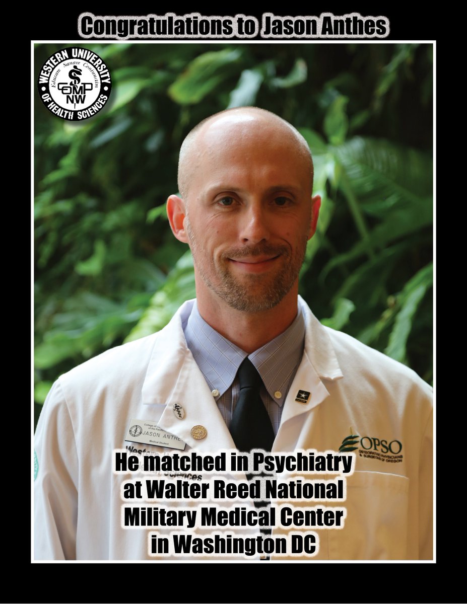 COMP_Northwest's tweet photo. Matching into psychiatry, OMS Anthes will head to @wrbethesda for his residency program. Congratulations! #AOAMatch https://t.co/w1de8IlbZ1