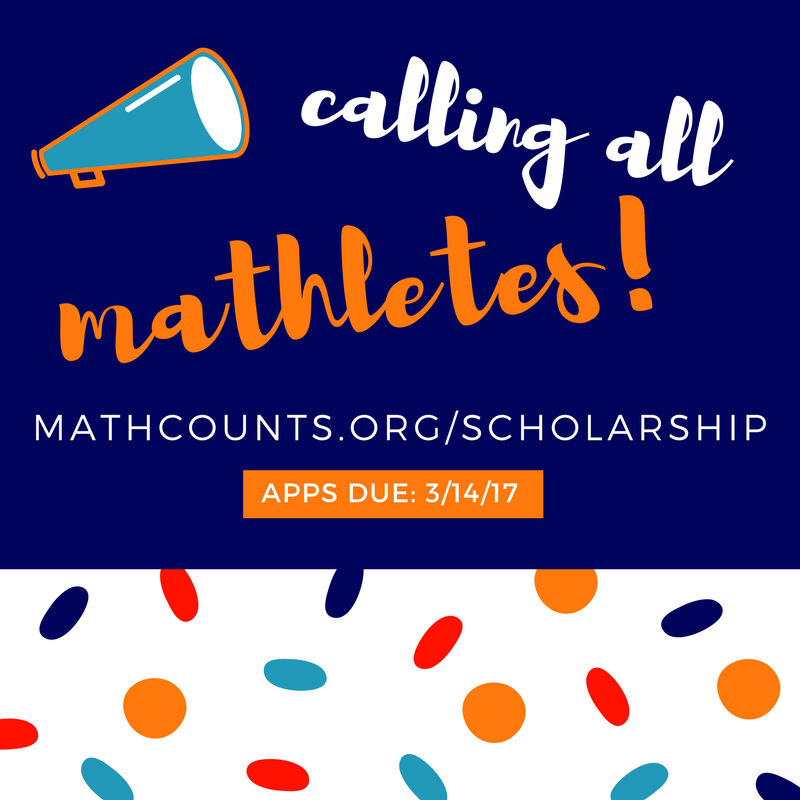 MATHCOUNTS's tweet photo. Calling all #MATHCOUNTS alumni! Alumni Scholarship apps due 3/14/17! Download the app +learn more: https://t.co/jRfZQREVcU #Mathletes https://t.co/EDrBXnI6DB