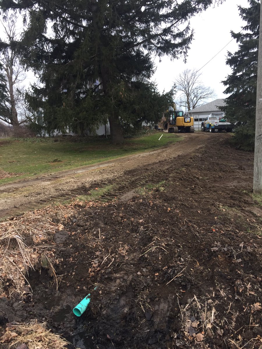 PumpThatSeptic's tweet photo. Sump pump drain line installed, backfilled and rough graded. #pumppinit #drainline #trenching #cat308e2 #f450 https://t.co/zuidf1J6Km