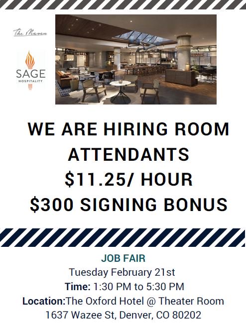 We're hiring room attendants! Join us for our #jobfair on 2/21 and learn how you can earn a signing bonus! #denverhotel