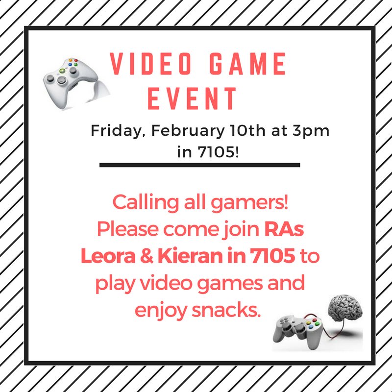 UHartVillage's tweet photo. This FRIDAY at 3pm, please come join RAs Leora &amp; Kieran in 7105 to play video games with friends 🎮 https://t.co/RQUcjtapjF