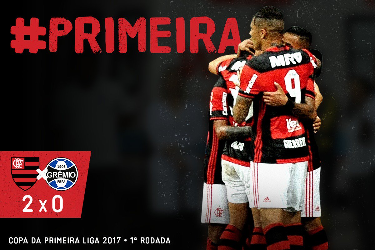 Flamengo's tweet photo. FIM DE JOGO! Gol de #primeira, outro na #primeira vez, tudo isso na Copa da #Primeira Liga. Mengão 2x0! #FLAxGRE https://t.co/uD0BH9697v