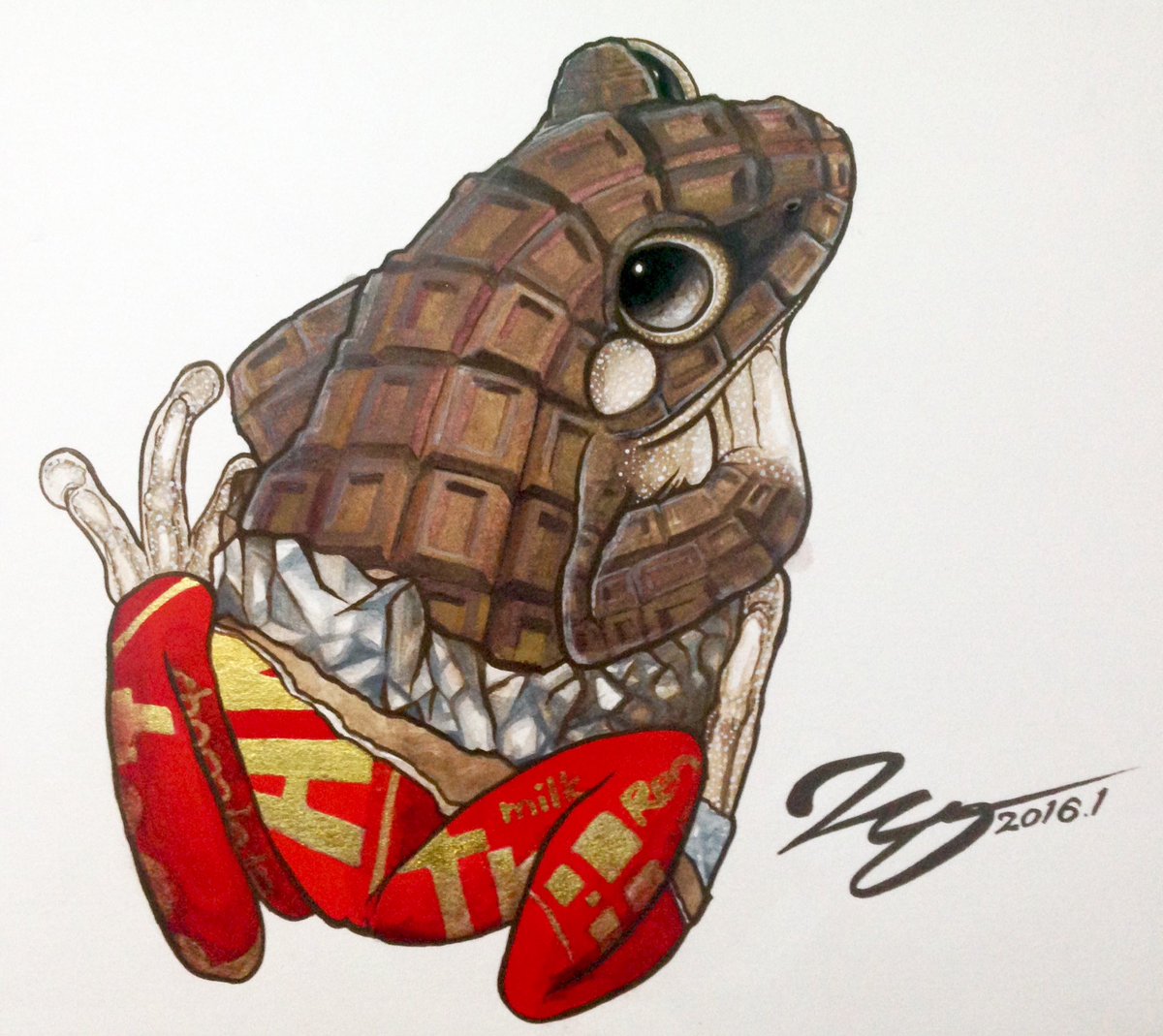 「「 #カエルメイト 」より
●チョコガエル

体表の凹凸と体色がチョコを連想させ」|ヒキタ レオ▶︎引田 玲雄のイラスト