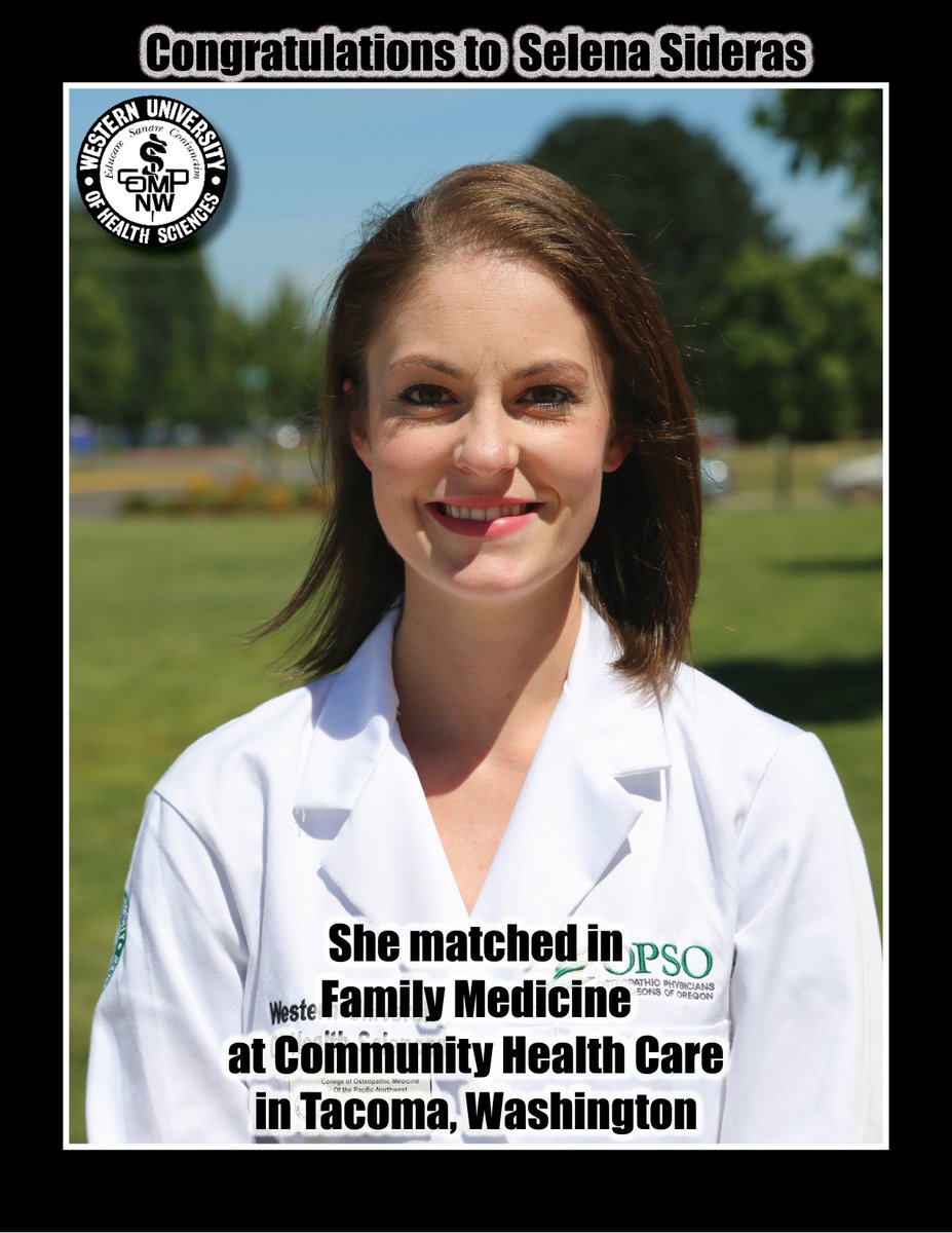 COMP_Northwest's tweet photo. Congrats to OMS Sideras! She heads to @chccarenetwork in Tacoma, Wash., for her residency in family medicine. #AOAMatch https://t.co/qefLpCM607