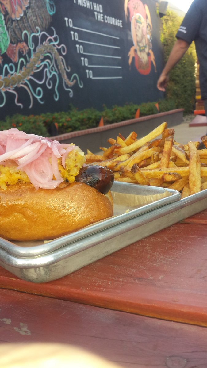 SandyWasserman's tweet photo. Getting down to business @BratHausAZ Lamb sausage &amp; Belgian fries! So good. #foodiechats #Scottsdale #beer #hosted #eatsaz #azeats #eat https://t.co/4gQe4acRyM