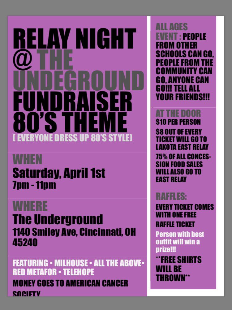 lehsrelay4life's tweet photo. Finally what you all have been waiting for!! RELAY NIGHT @ THE UNDERGROUND, everyone rt to spread the word!! look at pic for details🤙🏻 https://t.co/AoVH0IMdlm