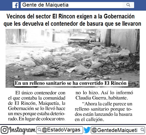 GentedeMaiqueti's tweet photo. #Vargas Vecinos del sector El Rincon exigen a la Gobernación que les devuelva el contenedor d basura q se llevaron https://t.co/8ynndLEkx1