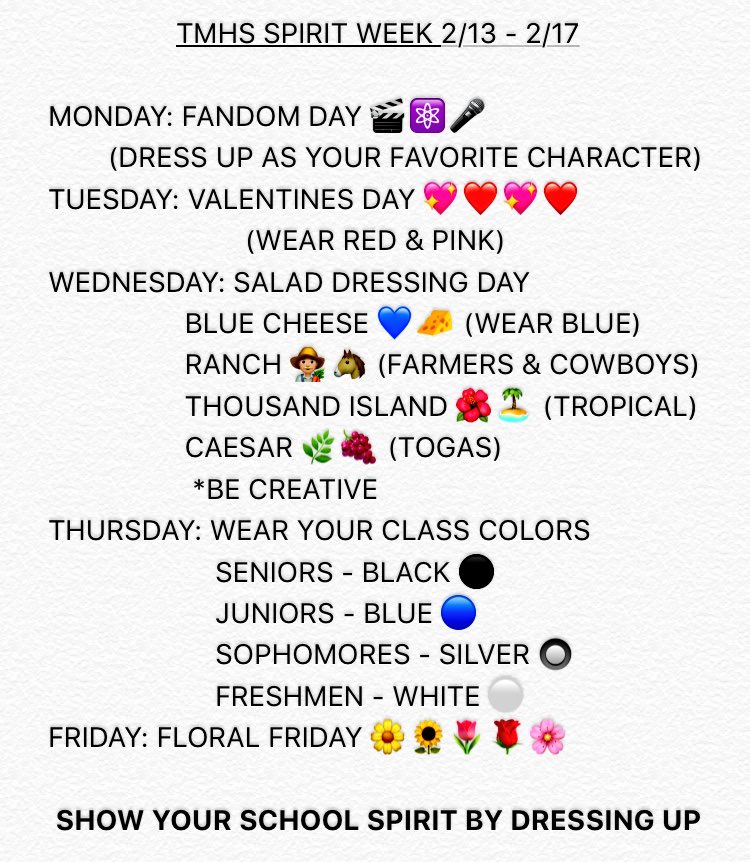 tmhsSpirit's tweet photo. Spirit week is next week. Please participate! It also coordinates with the week of kindness, so don't forget to use the #TMHSKindness2017 https://t.co/8Lf3Y87Fd0