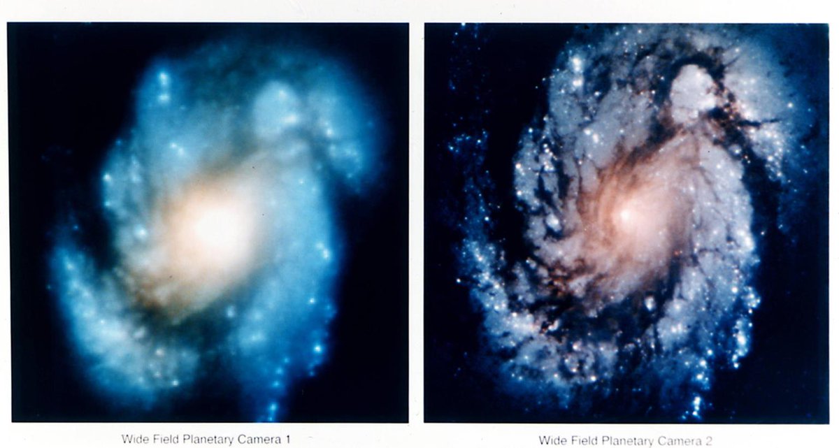 Step_Holt's tweet photo. "M100, The Spiral #Galaxy, before and after the 1993 repair #mission to correct #Hubbles optics" #space #cosmos #nasa #universe https://t.co/MPNdX6sZ9g