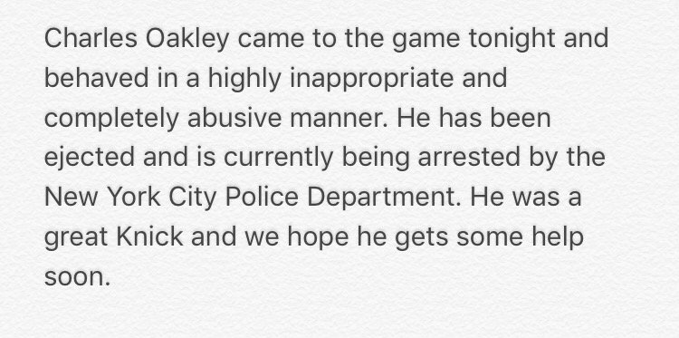 SportsCenter's tweet photo. MORE: New York Knicks PR releases statement saying that Charles Oakley was arrested after being ejected. (via @NY_KnicksPR) https://t.co/fBWAtdWvHc