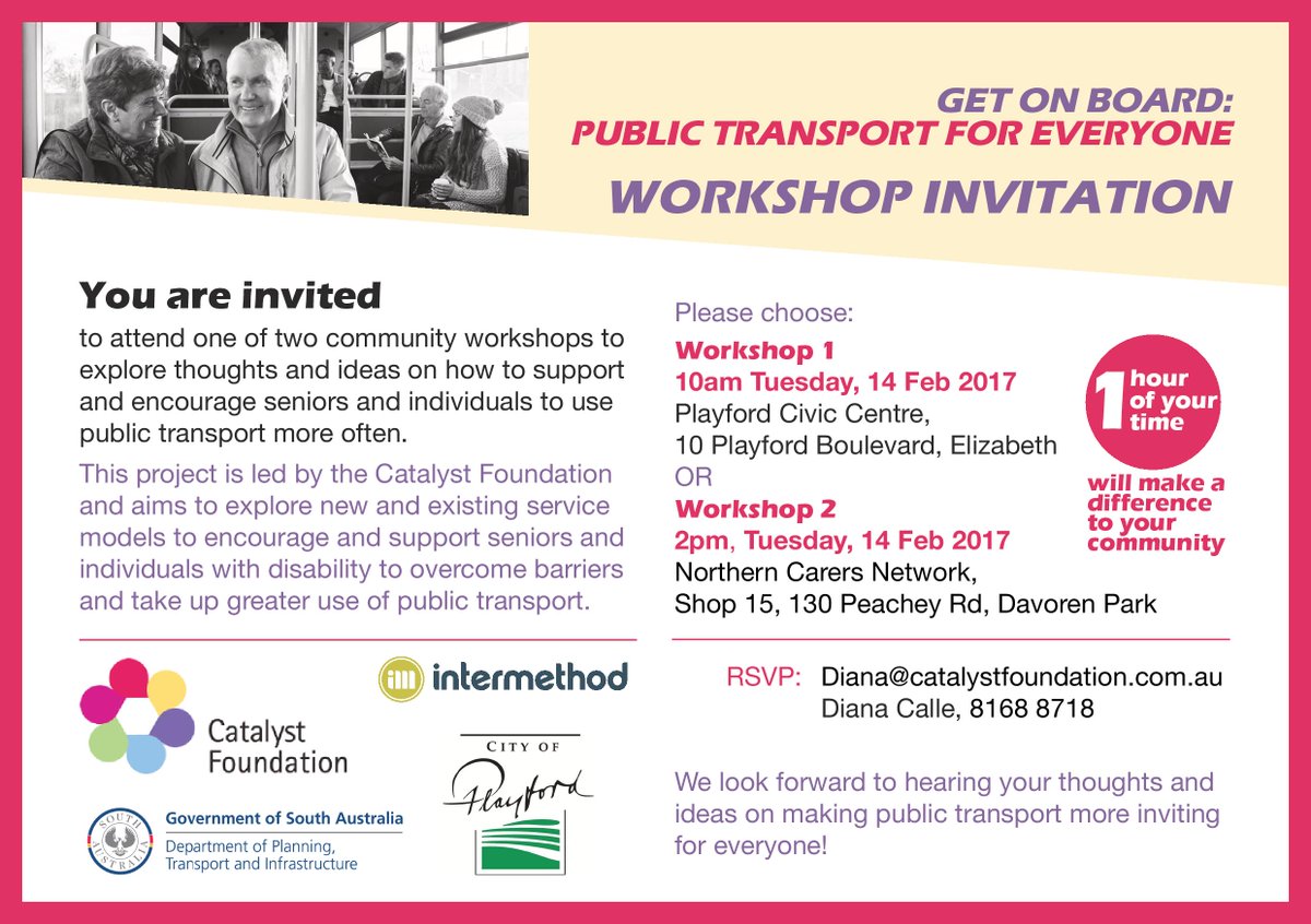 CatalystFndn's tweet photo. You are Invited! Public Transport Community #Workshop! @SAcommunity  @DPTI_SA @PlayfordCouncil @AdelaideMetroSA #npau #Adelaide https://t.co/Owfb5pneA4