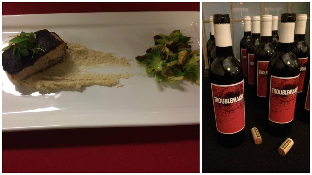 AuroraInnOhio's tweet image. Third Course: Ancho braised Pork Belly with w/parsnip purée, Brussels sprouts w/pancetta &amp;amp; pickled onion paired w/Troublemaker 10 Blend.