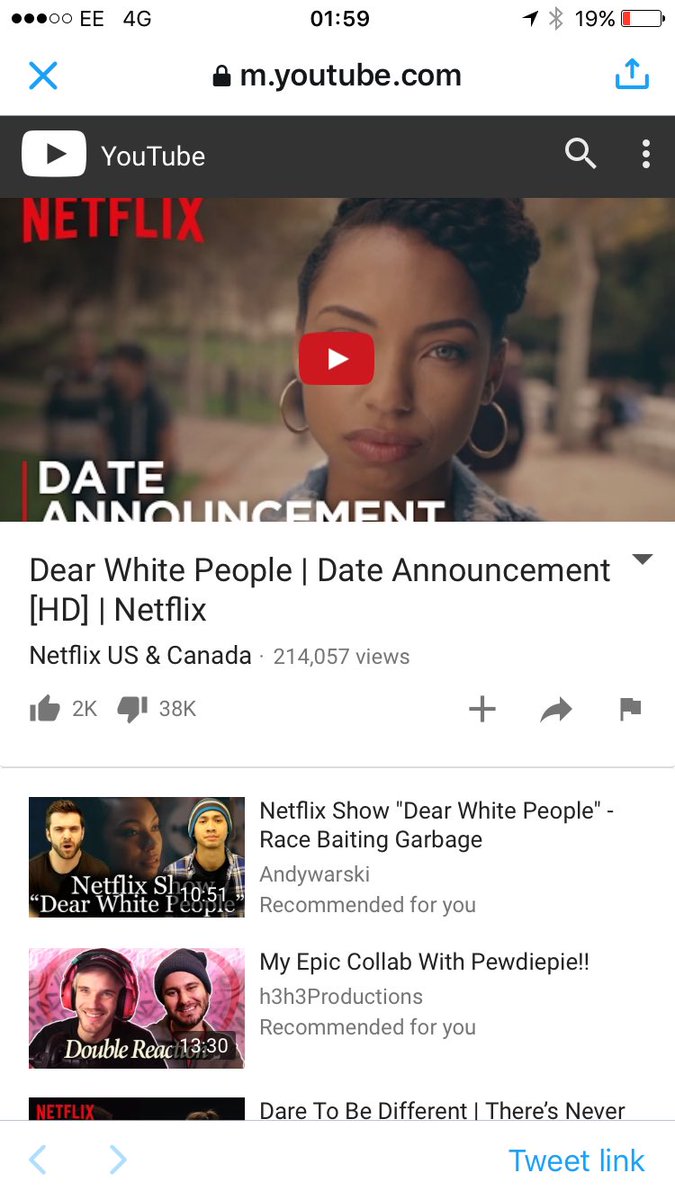 PrisonPlanet's tweet photo. The 'Dear White People' trailer has 38k thumbs down.

Turns out racism isn't cool. Should have asked MTV. https://t.co/RSCM6vOyTb