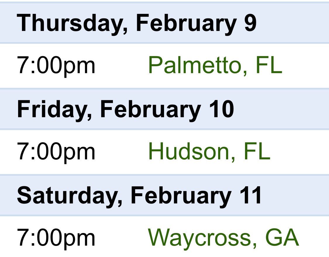 IvanParker's tweet photo. See you Thurs and..
📌 REMEMBER the date change for Waycross, GA to Feb 11 
YES, Sat, Feb 11 at 7 pm @ 
WAYCROSS, GA  https://t.co/QwQPuH8e1u https://t.co/hUpYO9mh6S