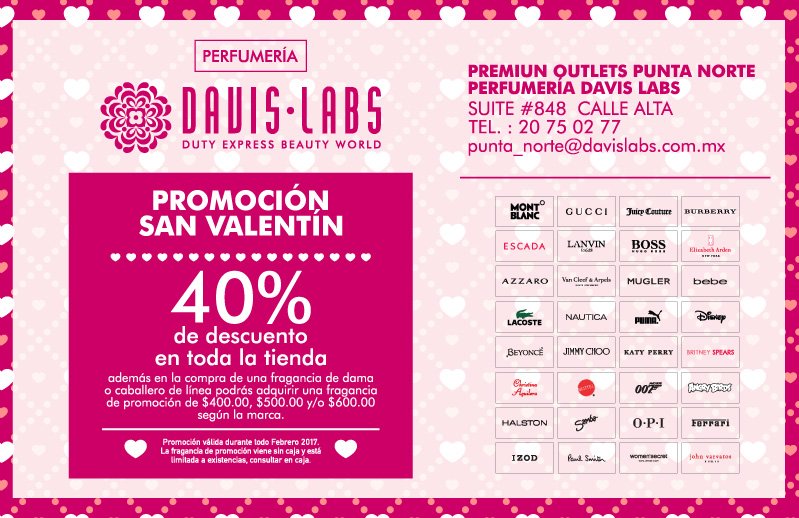 premoutletsmx's tweet photo. Sorprende en #SanValentín con deliciosas fragancias de #DavisLabs y aprovecha los descuentos hasta del 40%. https://t.co/uxve3eaeGR