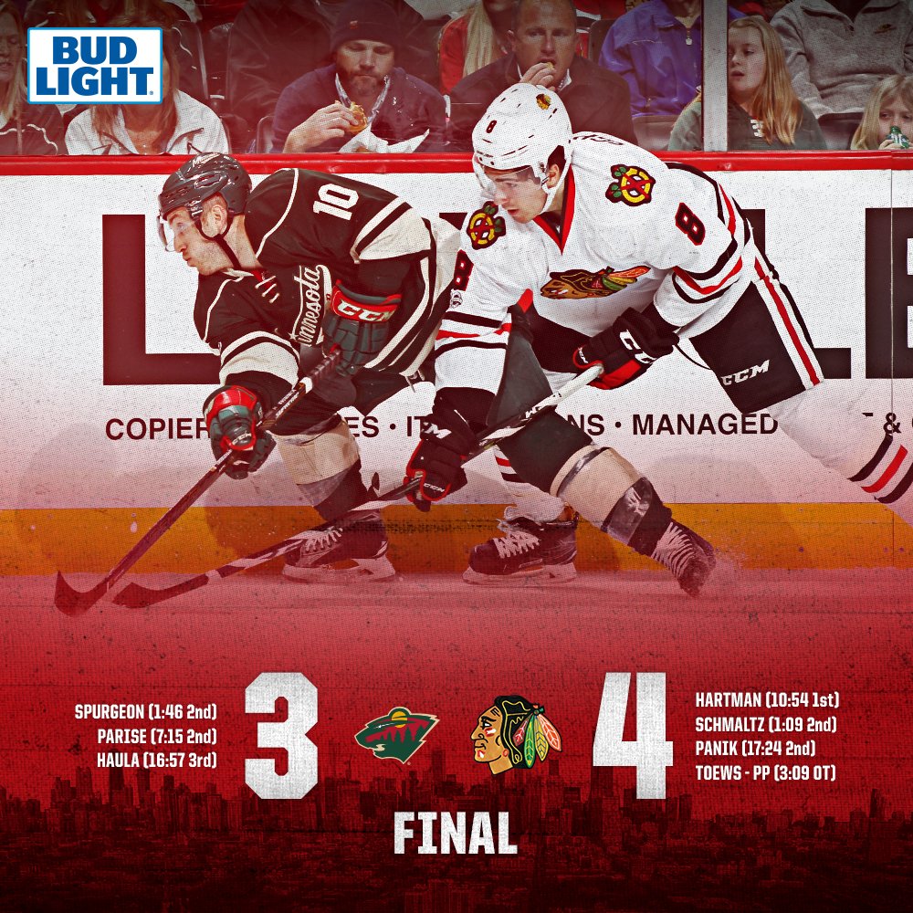 NHLBlackhawks's tweet photo. The #Blackhawks beat the Wild in overtime and pick up the extra point in the standings! #HAWKSWIN https://t.co/NLVDpfam1j