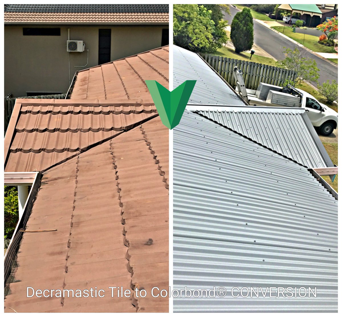 VantagePointQLD's tweet photo. Have decramastic tiles? Want to convert to Colorbond®? #roofingbrisbane #colorbond #basalt #decramastic #vantagepointroofing https://t.co/rqM7kHba4T