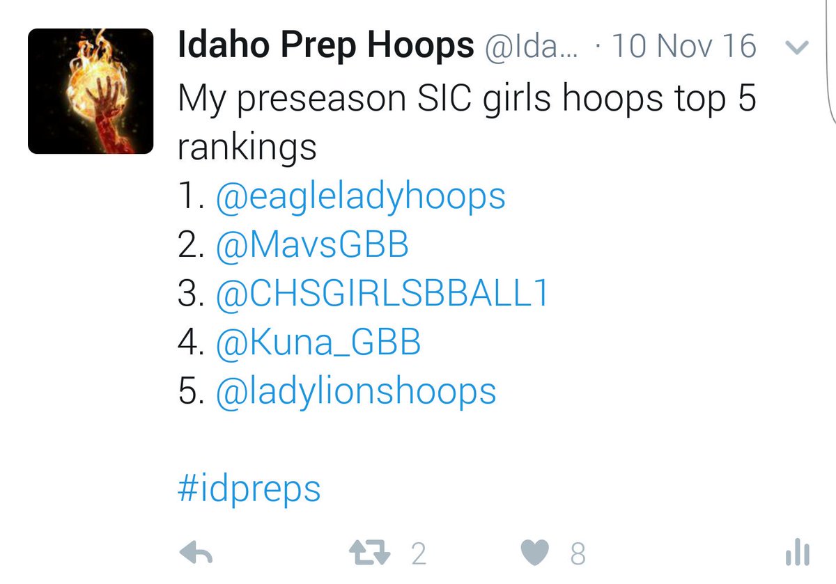 IdahoHSHoops's tweet image. Called it in November! All 5 are still alive.
@eagleladyhoops 
@MavsGBB 
@CHSGIRLSBBALL1 
@Kuna_GBB 
@ladylionshoops 
#iknowstuff