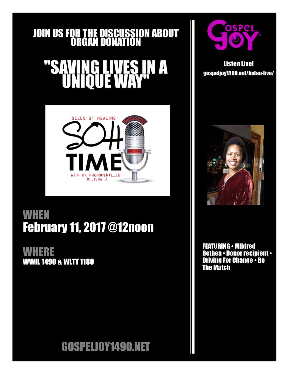 DrPHenomenal_Le's tweet photo. SATURDAY @ 12P JOIN US FOR THE DISCUSSION ABOUT ORGAN DONATION. #SOHTIME featured guest, Mildred Bethea. LISTEN @ https://t.co/27OeQoNd5e https://t.co/FI4srGyTcR