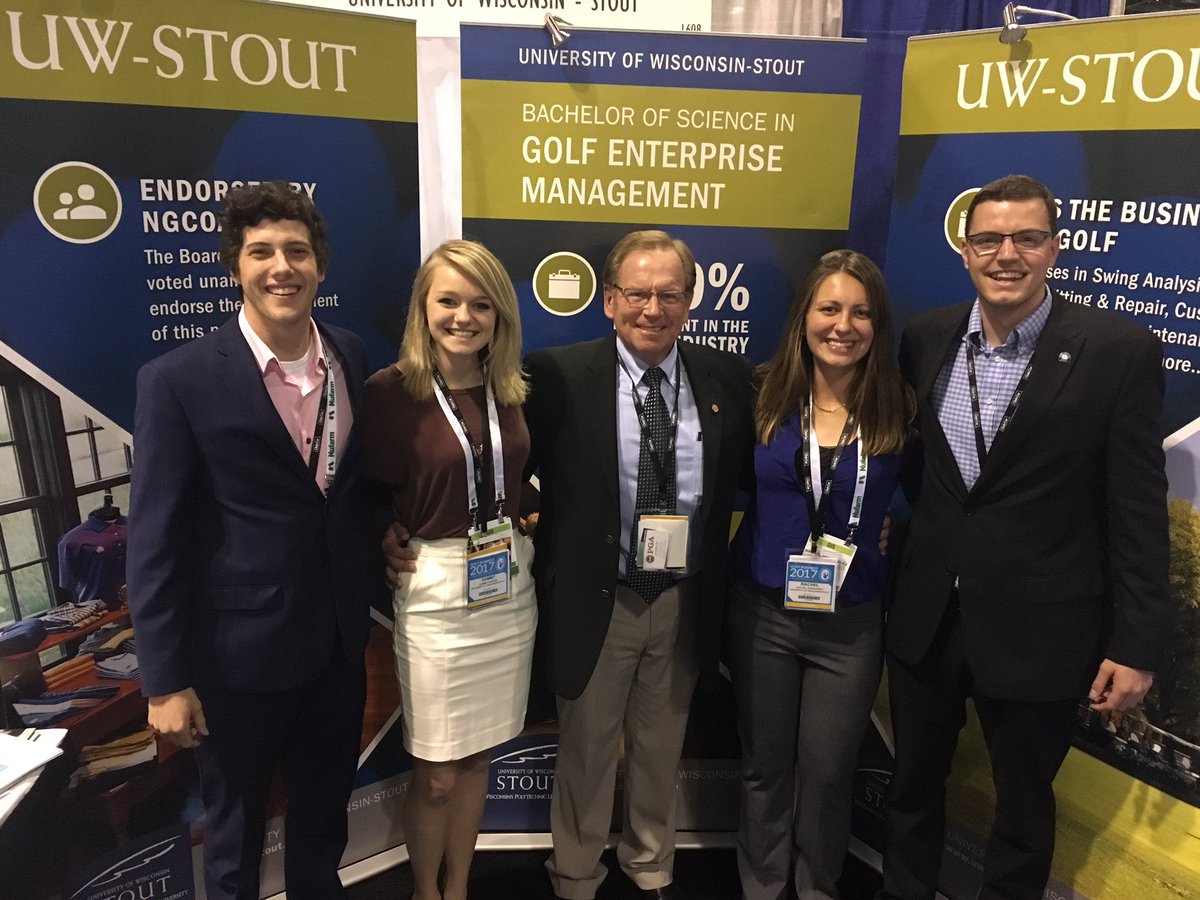 StoutWGolf's tweet photo. From left, Thomas Heraly, @samnitsg, professor Howie Samb, @Rachel_H5 and Trevor Anderson @stoutgolfdegree booth at #ngcoa conference. https://t.co/o22rW6Aj9X