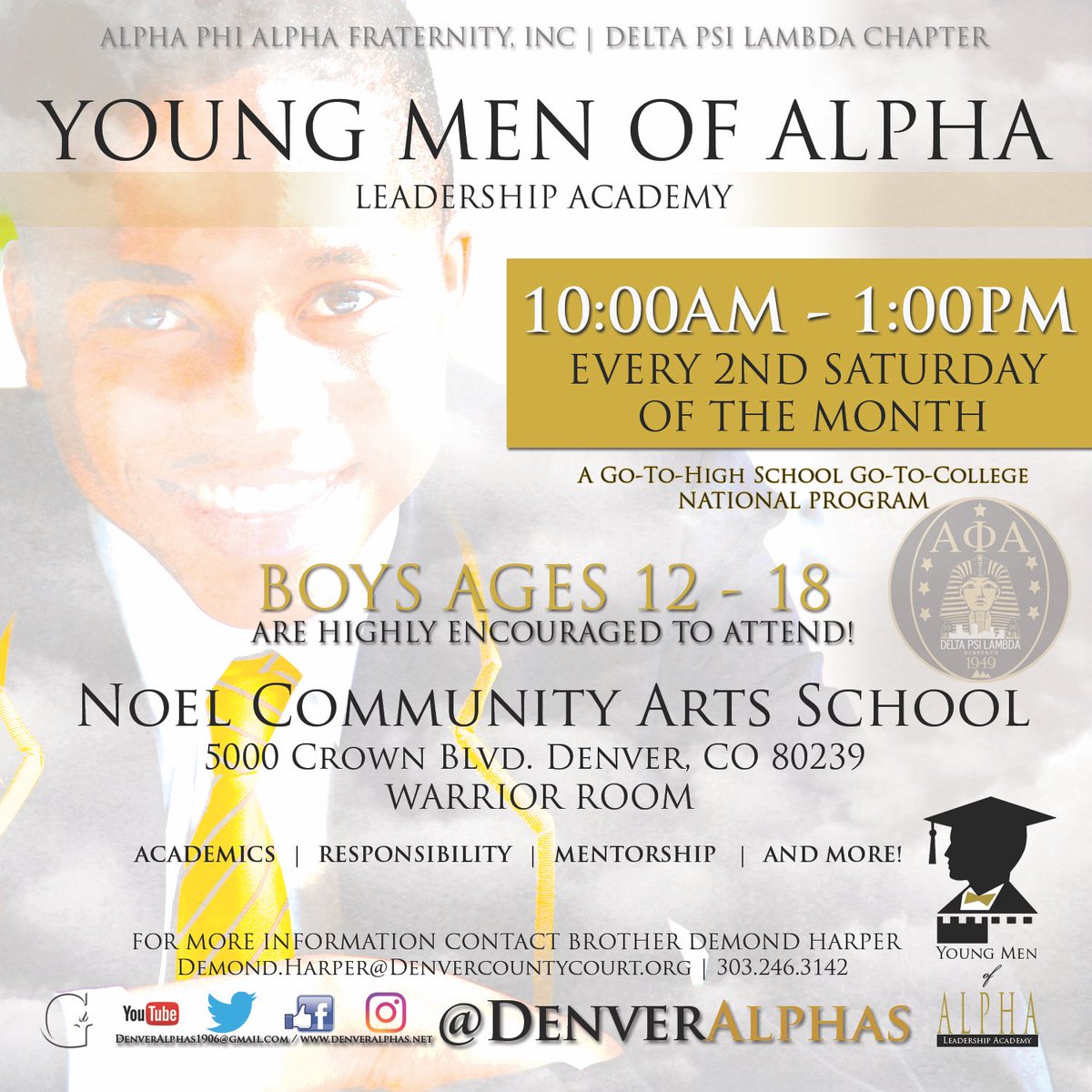 DenverAlphas's tweet photo. Pls share! Young Men Of Alpha Leadership Academy | 10am-1pm Boys ages 12-18 encouraged to attend! #APHIA #AlphaPhiAlpha #DenverAlphas https://t.co/XJjZaMVHYR
