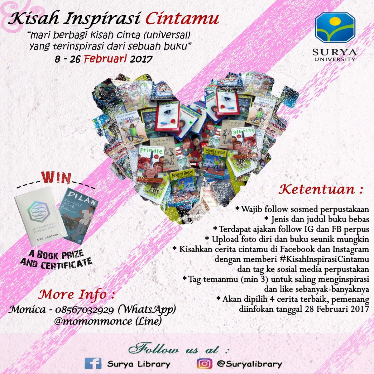 HMPSDigicomSU's tweet photo. Ayo, tuangkan kisah cinta kamu di medsos.
Tag min. 3 org teman dan tag juga ke medsos perpus.
#SuryaLibrary https://t.co/z1pHlwyCOX