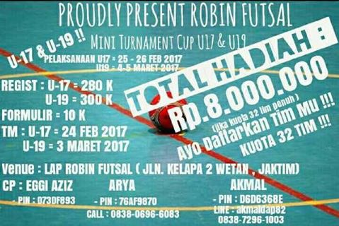 @TogeJR_Futsal MINI TURNAMEN ROBIN FUTSAL u-17 &amp; U19 ==arya PIN : 76AF9870 CALL : 083806966083