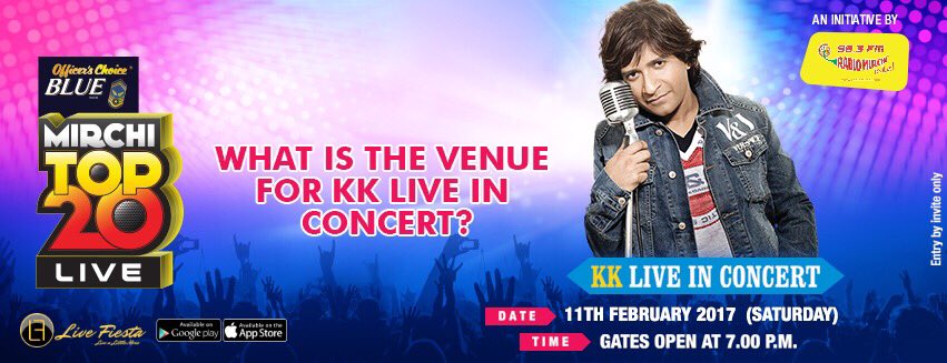 livefiesta's tweet photo. Here goes the first question
Use hashtag #mirchitop20 #livefiesta
Keep tweeting how much you love @K_K_Pal https://t.co/b2wnA94iVW