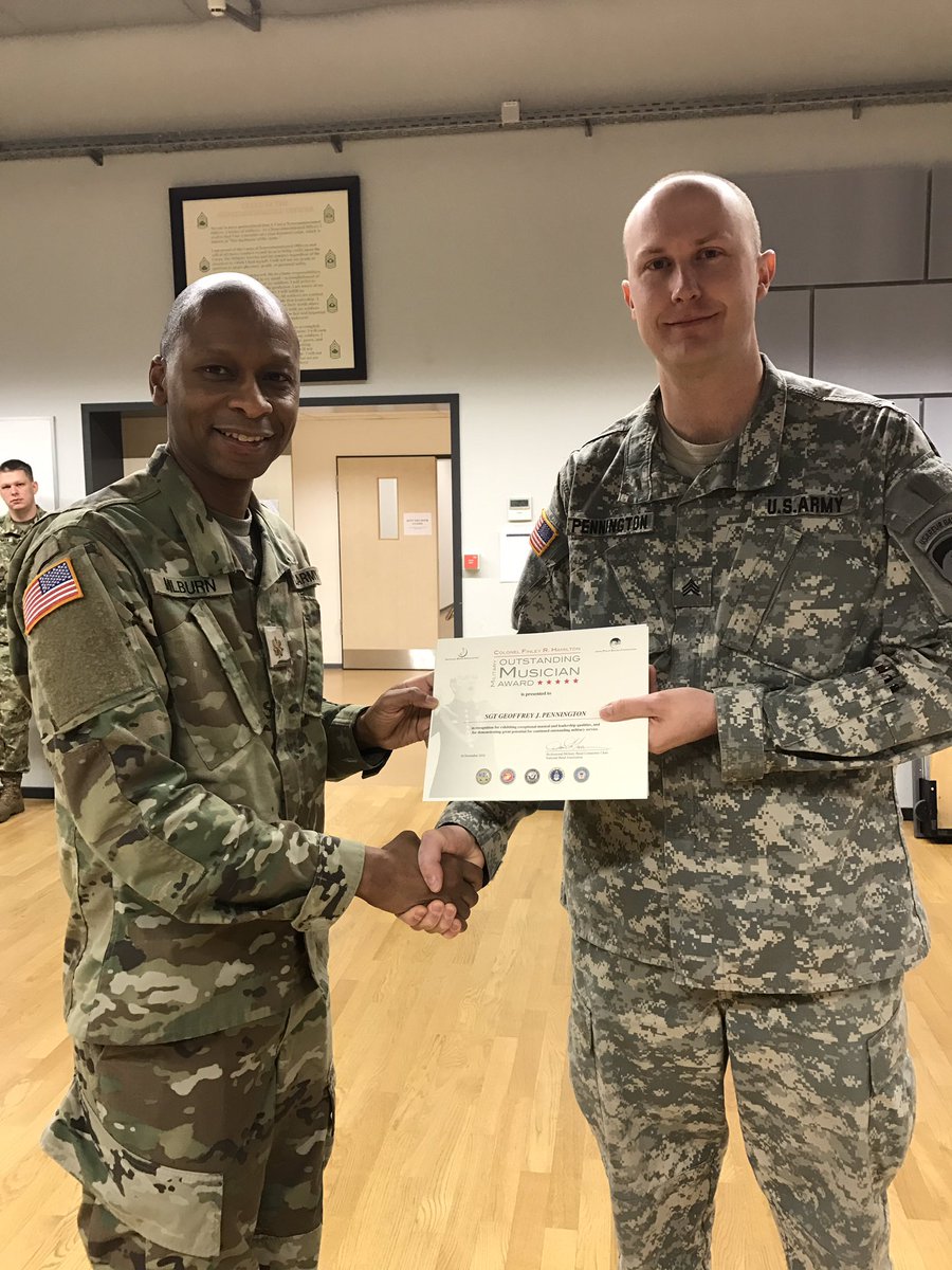 USArmyEURAFBand's tweet photo. Congrats to Sgt Geoffrey Pennington, receiving the 2017 Col. Finley Hamilton Outstanding Military Musician Award. #StrongEurope https://t.co/f4XFBg6eVg