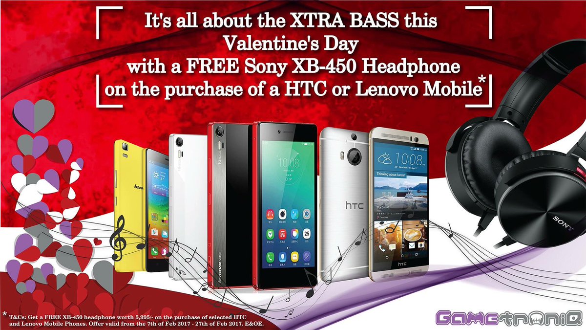 GametroniQ's tweet photo. All about the #xtrabass this valentines with a free Sony XB-450 headphones on the purchase of #htc or #Lenovo phones #SonyAudio https://t.co/nBpOzFdoPm