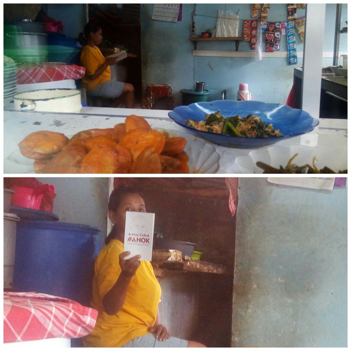 ZackyAulia's tweet photo. Seumur umur mkn di warteg, baru skrg liat pemiliknya lg baca buku. Pas dtnya, tnyta lg baca buku #Ahok. Sumpah, ini bkn rekayasa!! @kurawa https://t.co/PRDbohs3Xs