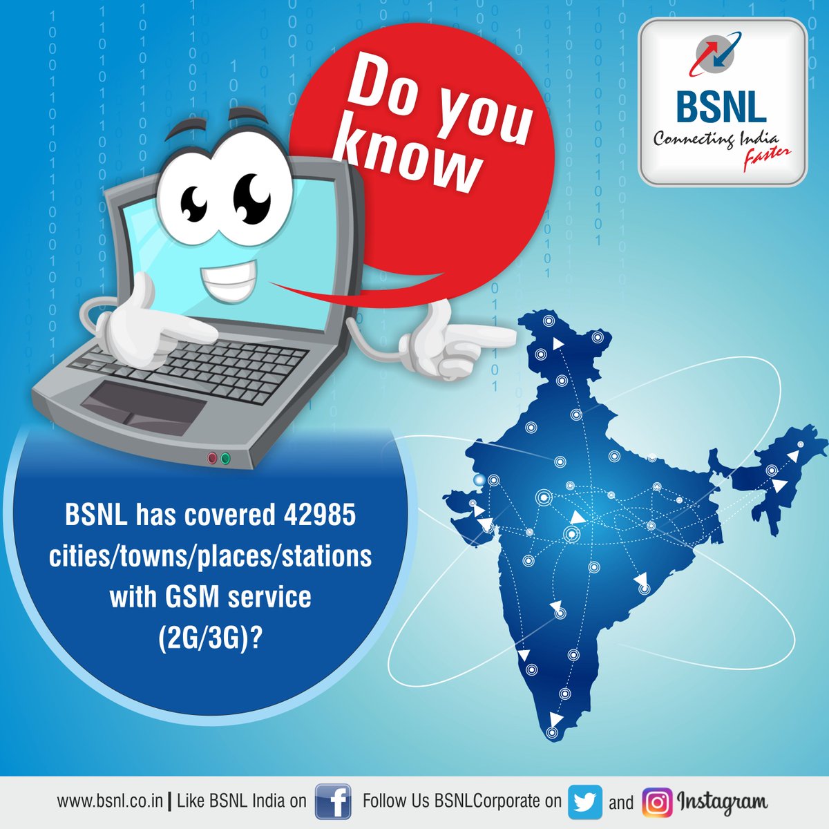 BSNLCorporate's tweet photo. #BSNL has covered 42985 cities/towns/places/ stations with GSM service (2G/3G) https://t.co/Omixpwj51c