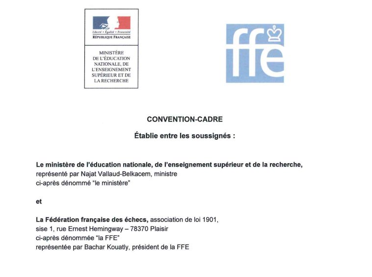 ffechecs's tweet photo. Le contenu intégral de la convention signée entre la FFE et le Ministère de  l'@EducationFrance est disponible ici https://t.co/fRIsGNWp02 https://t.co/LRjUSIR7o0