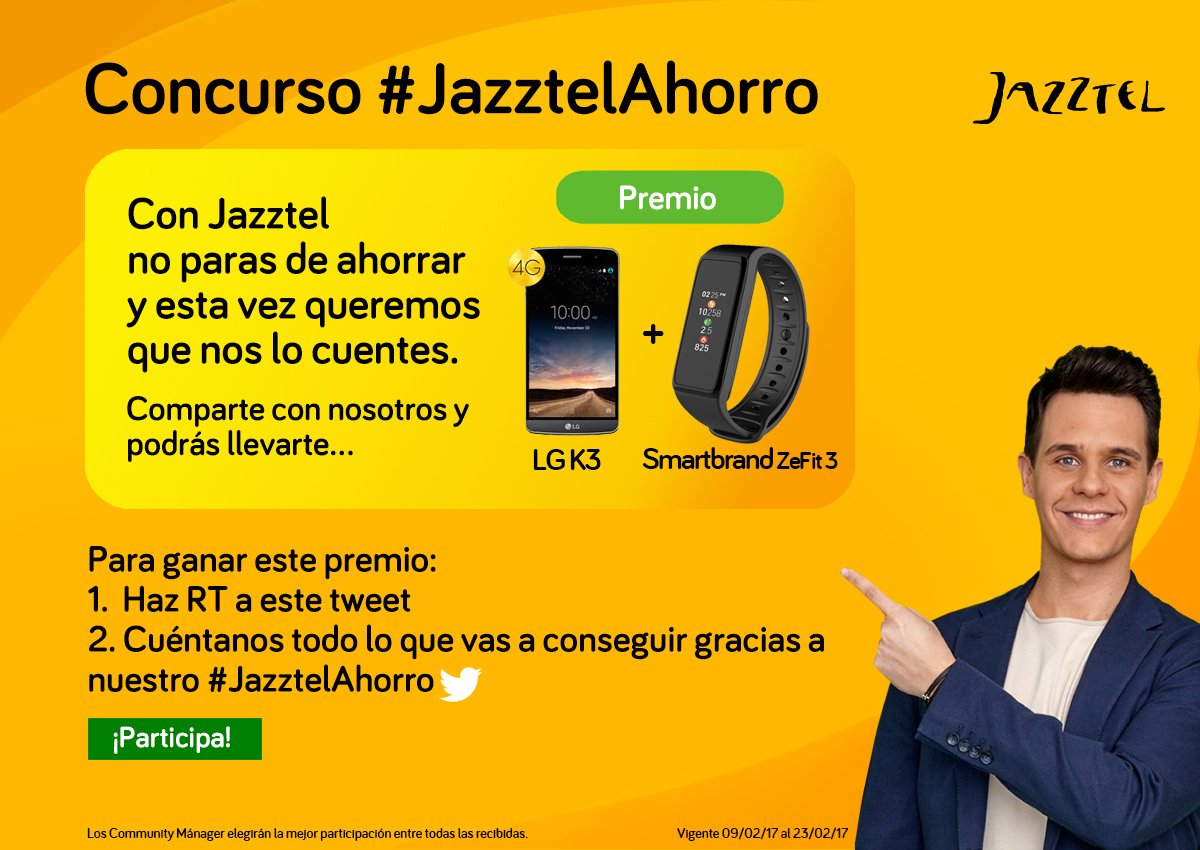 jazztel_es's tweet photo. #CONCURSO Cuéntanos lo que vas a conseguir con #JazztelAhorro y llévate @LG_ES K3 + Smartbrand ZeFit 3 Bases Legales https://t.co/btoLPs2jRe https://t.co/iyfJ1sg5OM