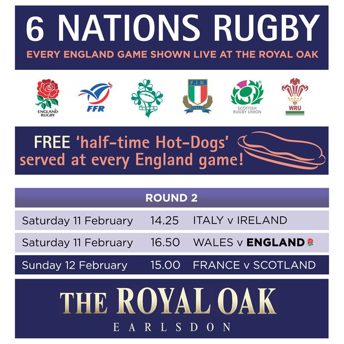 All 6 nations games shown live at The Royal Oak, with FREE hot dogs at half time of England games!!
#sixnations #coventry #rugby