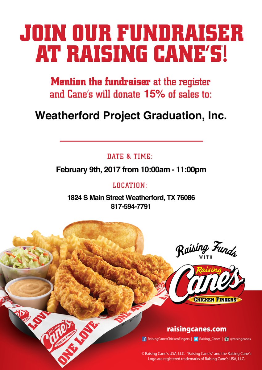 WHSGrassBurr's tweet photo. Eat at Cane's today AND help Weatherford Project Graduation?! Absolutely! Mention Proj Grad at the register AND order extra sauce... Yum! https://t.co/CwJkAsCX4V