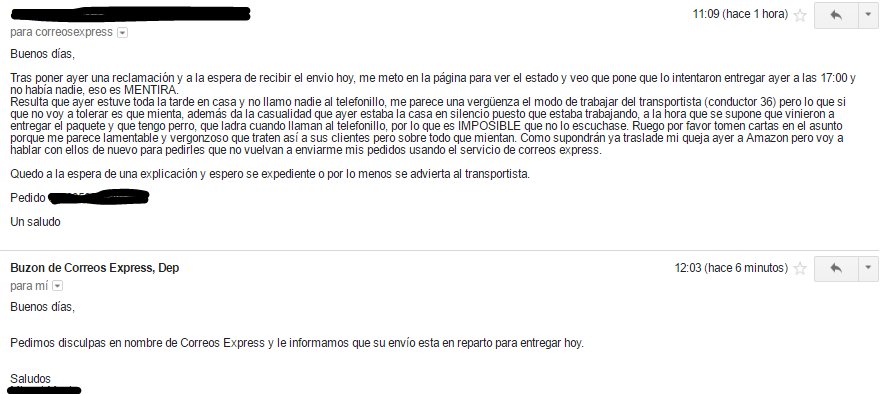 sarayHF's tweet photo. tras 2reclamaciones a @corresoexpress y q el trasportista se invente q no había nadie en casa, ojo la respuesta de att al cliente VERGONZOSO https://t.co/KhJZX4zGlZ