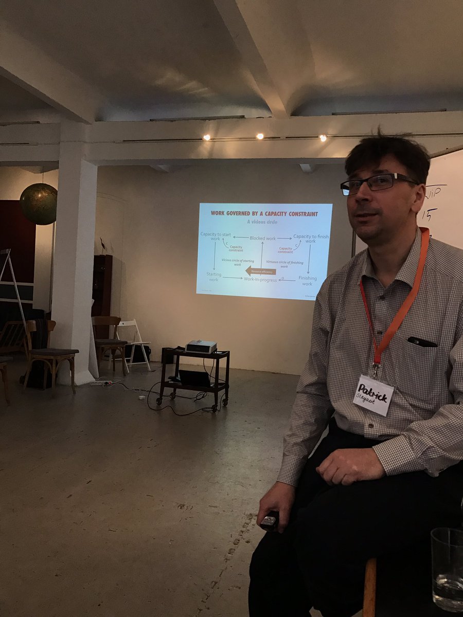 FlowHamburg's tweet photo. "You can either use free capacity to finish work or to start new work. What do you pick?" @PatrickSteyaert #flowdayshh #Kanban https://t.co/7tG1iT6EZX