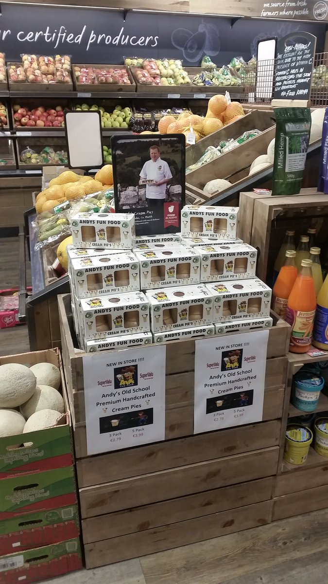 Andysfunfood's tweet photo. Andy's Cream Pies in Supervalu Johnstown Navan,Beachmount Navan, Dunshaughlin,Trim,Enfield,Kells,Ratoath,Skerries,Balbriggan,Talbot Street https://t.co/k62Q6QlUDH