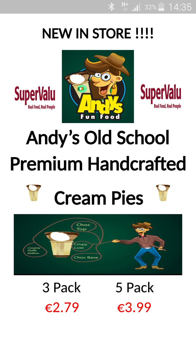 Andysfunfood's tweet photo. Andy's Cream Pies in Supervalu Johnstown Navan,Beachmount Navan, Dunshaughlin,Trim,Enfield,Kells,Ratoath,Skerries,Balbriggan,Talbot Street https://t.co/k62Q6QlUDH