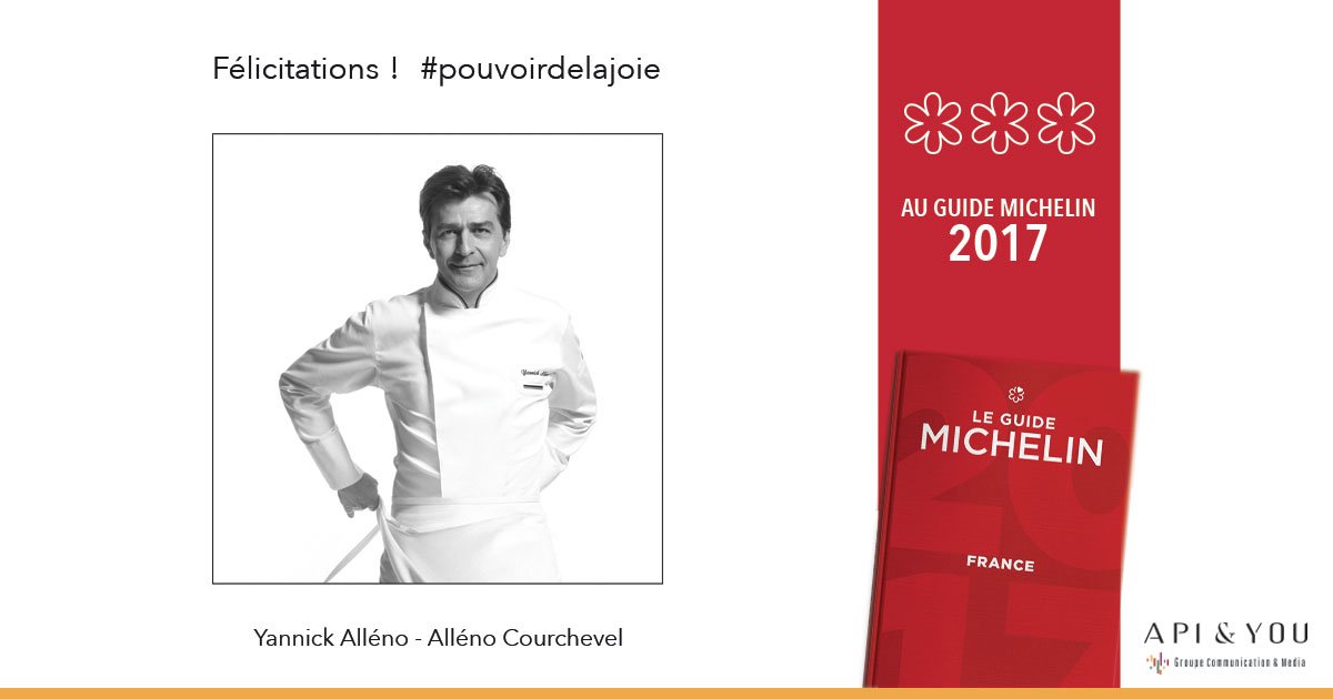 apiandyou's tweet photo. #Felicitations @Chef_YAlleno #guidemichelin #guideMICHELIN2017 #pouvoirdelajoie #apiandyou https://t.co/NkRhU2TywM