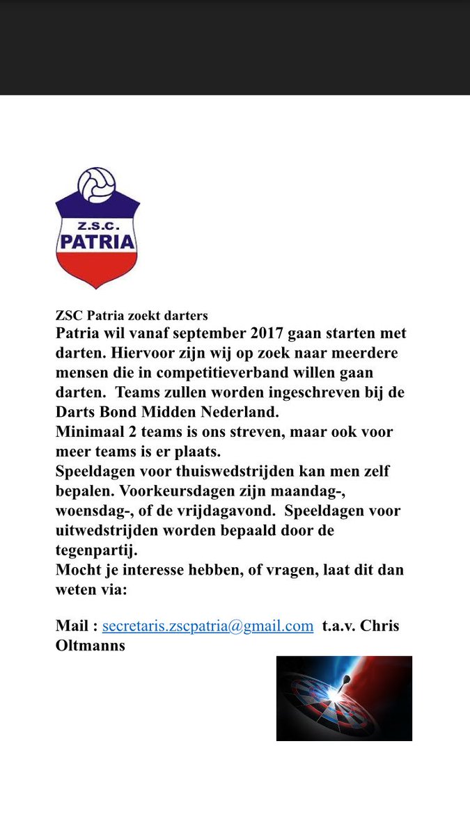 ZSC Patria gaat darten