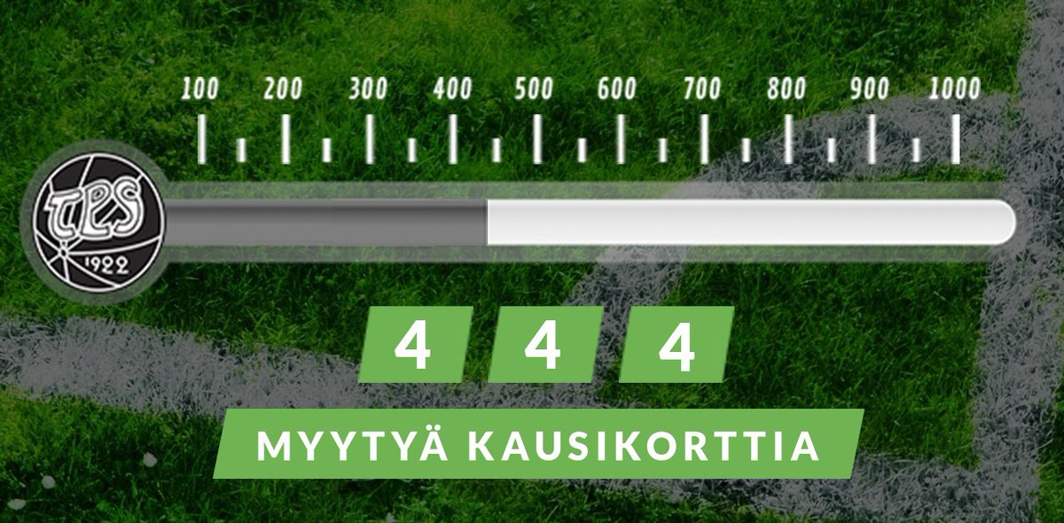TPSjalkapallo's tweet photo. Kotisivujen mittari kertoo reaaliaikaisen kausarimyynnin. Osta omasi ja kasvata lukemaa! https://t.co/cwIZDT1xBO #FCTPS #Ykkönen #444 https://t.co/KzV8WIvJTs