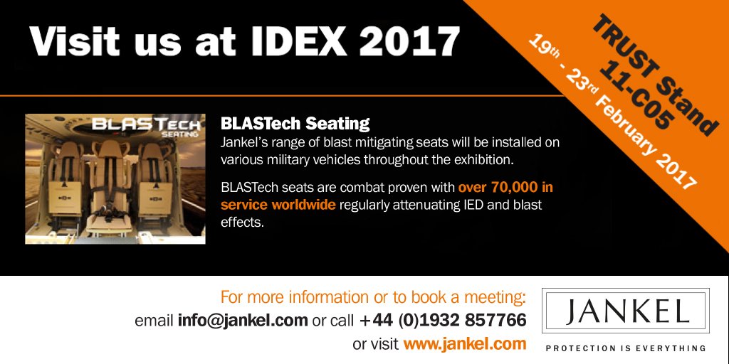 JankelArmouring's tweet photo. Look out for our #BLASTech seats on various #vehicles at #IDEX2017. #defence #safety #technology #innovation https://t.co/7XgkxKCj84