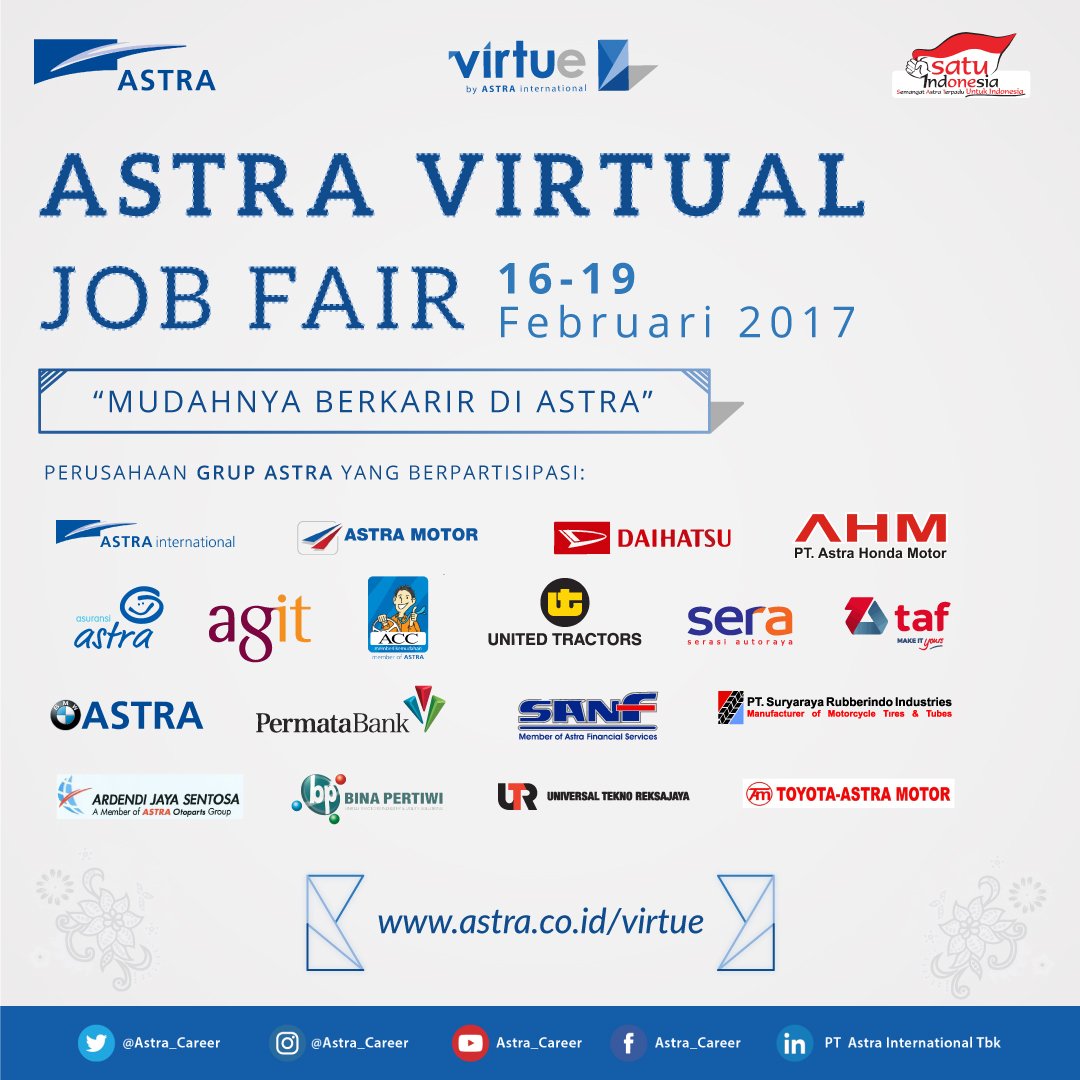 Astra_Career's tweet photo. 18 perusahaan Grup Astra membuka lowongan pekerjaan di #AstraVirtue.
Siap untuk menjadi Insan Astra?

https://t.co/917UwOg6Pn

#AstraCareer https://t.co/HKgWo0at4s